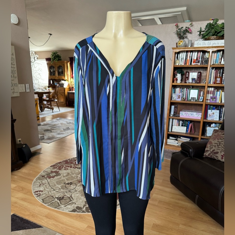 Dana Buchman Blue Green Black Striped V-Neck Blouse